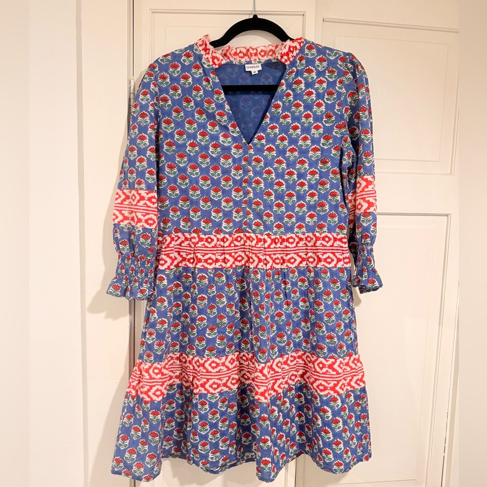 Floral Patterned Blue Dress with Red Accents
